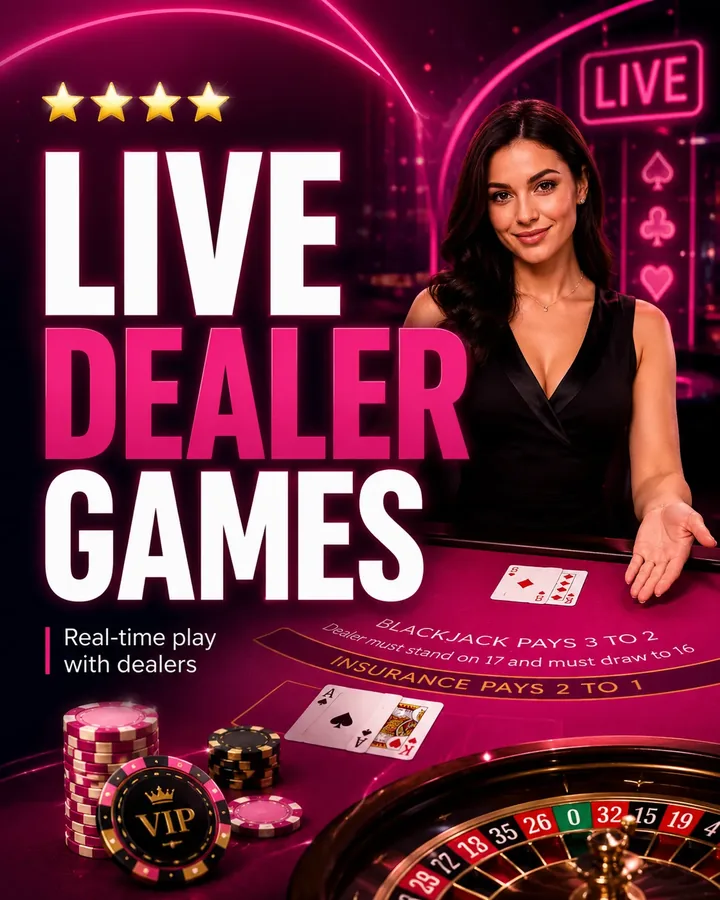 Live Dealer Games — real-time play with dealers, 4-star rated